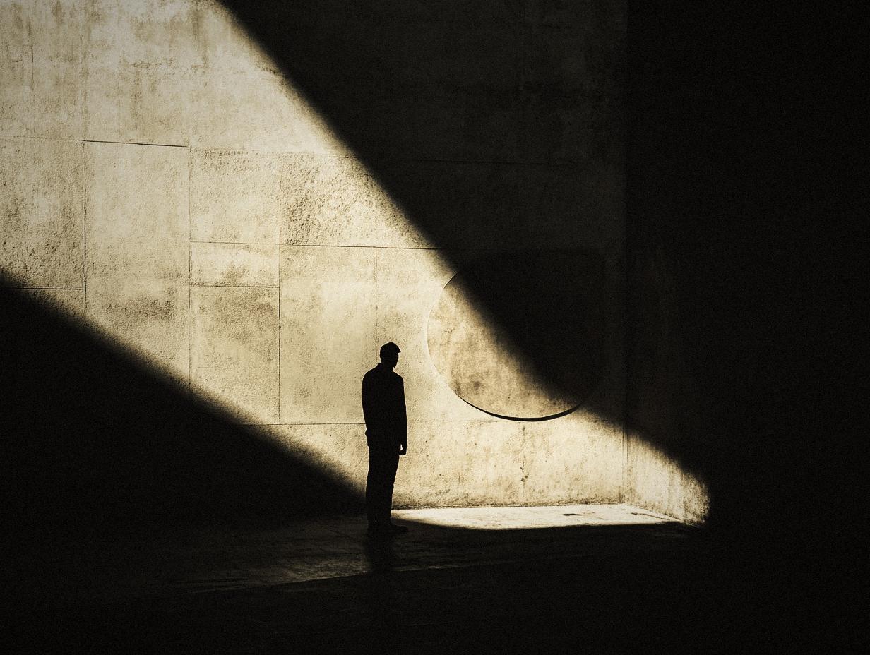 A lone figure standing in a shaft of light inside a dark room